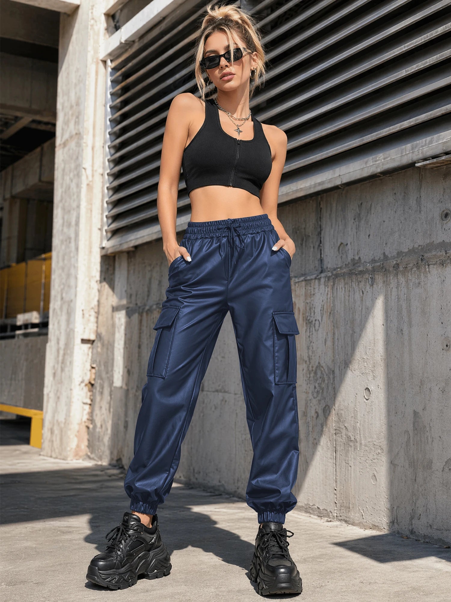 Women's  Pu Leather Cargo Joggers Pants Dressy Casual Silky Elastic High Waist Trousers