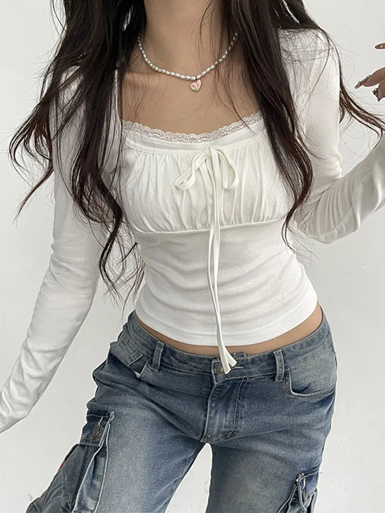 Bandage Folds Square Collar Crop Top Women Fairycore Y2K White T Shirts Basic Knitted Elegant Tees Vintage 2000s Clothing