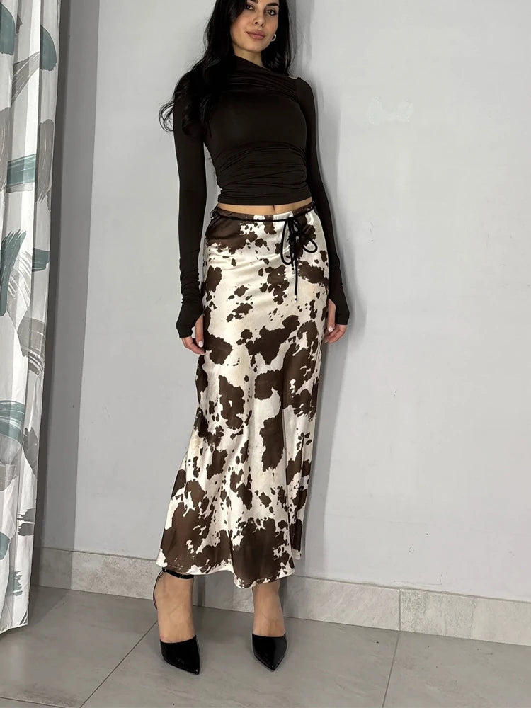 Animal Print Satin Skirt Women Fashion Ruffles Midi Skirts With Belt Casual Women's Skirt 2025 High Street Elegant Long Skirts
