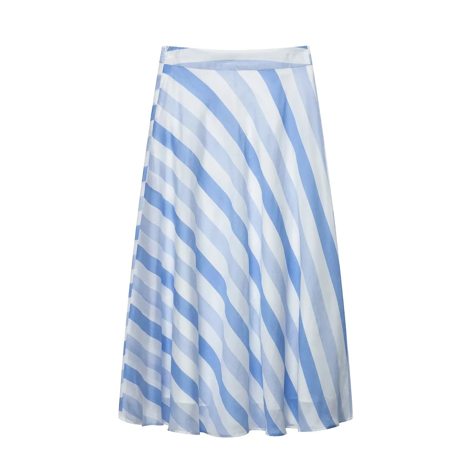 Willshela Women Fashion Blue Striped Pleated A-Line Midi Skirt Vintage Side Zipper High Waist Female Chic Lady Skirts