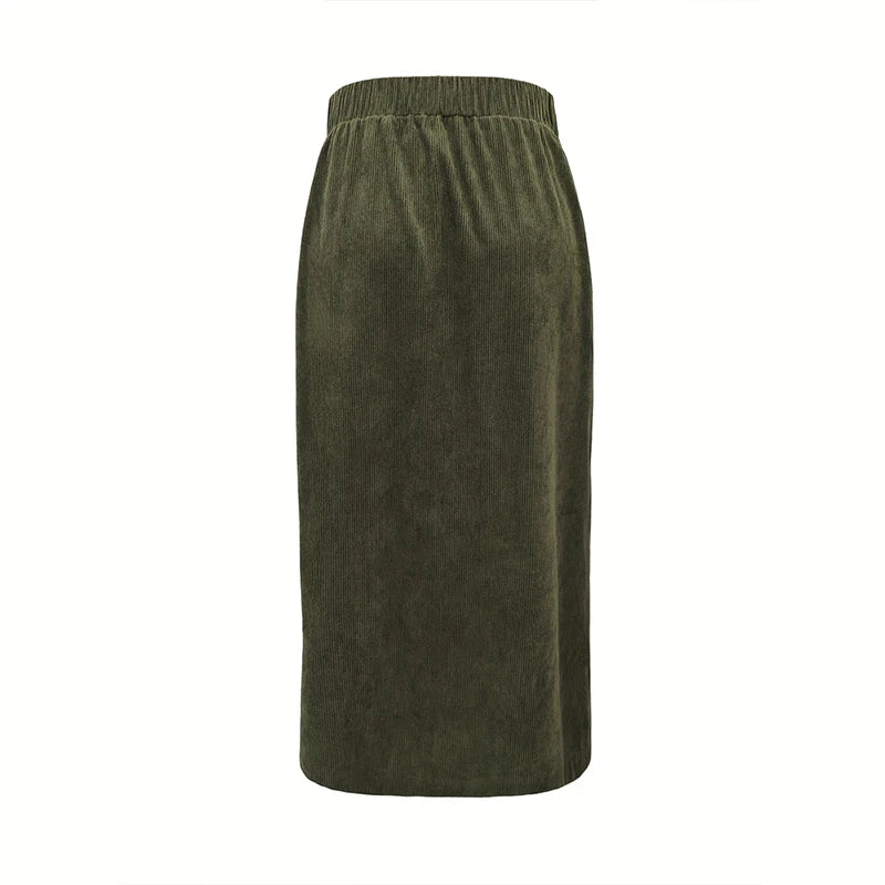 Vintage Green High Waist Midi Skirt Women Button Up Pocket A-Line Long Skirts Autumn Winter Ladies Casual Streetwear Jupe Femme