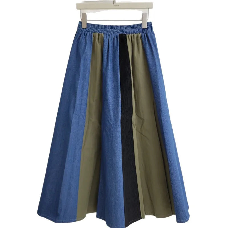 Retro Contrasting Color Plaid Splicing Skirt, Women's 2026 Autumn and Winter New High-waisted Versatile A-lime Big Swing Skirts