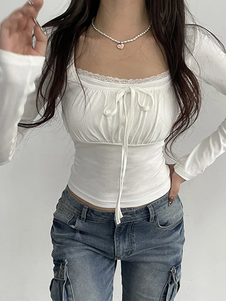Bandage Folds Square Collar Crop Top Women Fairycore Y2K White T Shirts Basic Knitted Elegant Tees Vintage 2000s Clothing