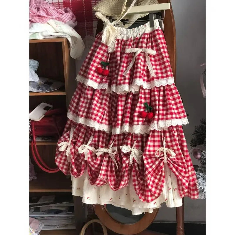 2026 New Sweet Lolita Plaid Layered Skirt Street Red White Gingham Cherry Bow Lace Ruffle Tiered High Waist A‑Line Midi Skirts