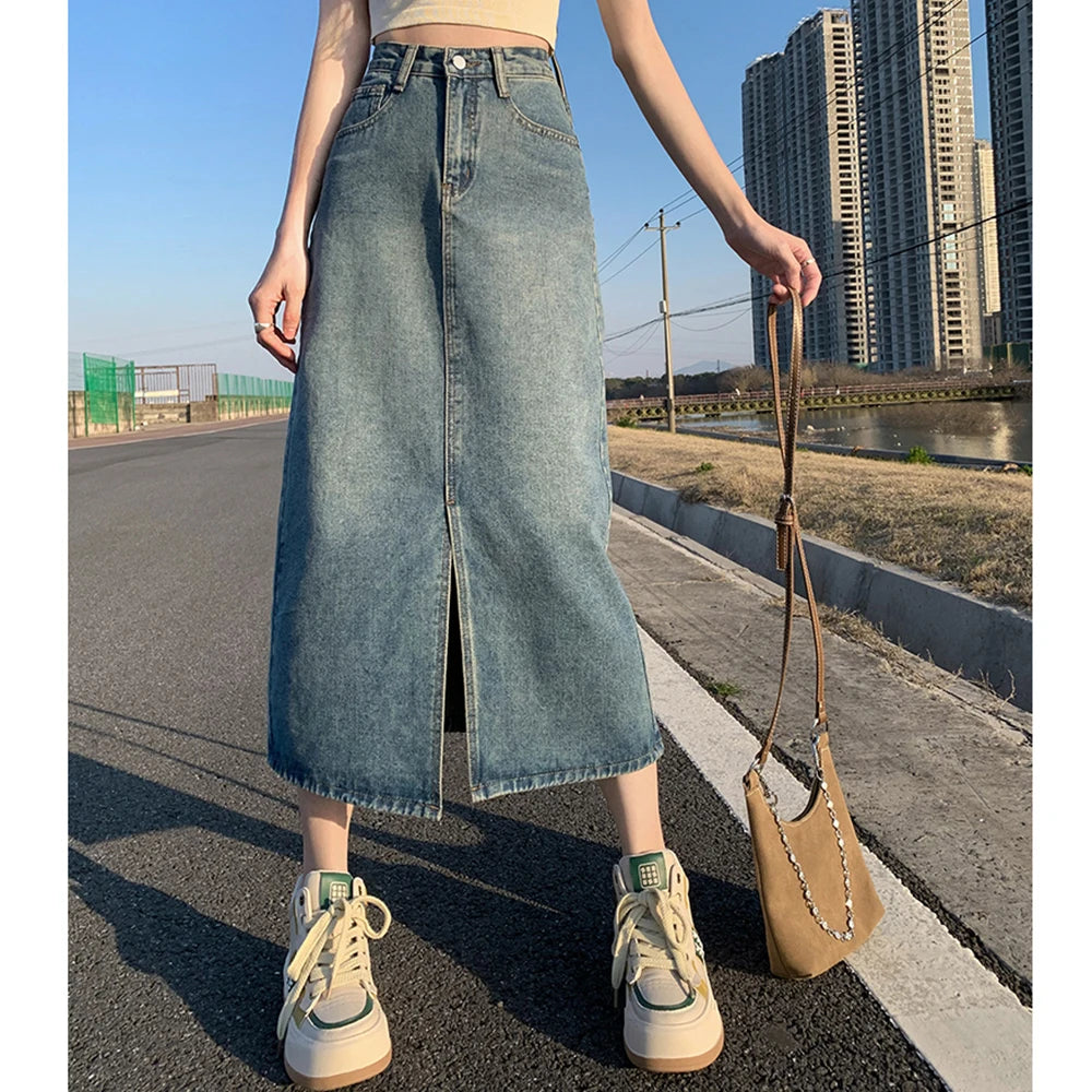 Summer Women High-waist Retro A- line Skirt Pockets Front Slit Washed Blue Denim Skirts Hip-covering Straight Long Jeans Skirt