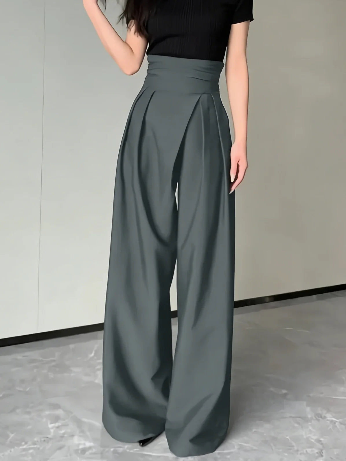 Chic Grey Wrap High Waist Wide Leg Pants - Pleated Draped Loose Fit Trousers, For Office Daily Casual Street Outfits
