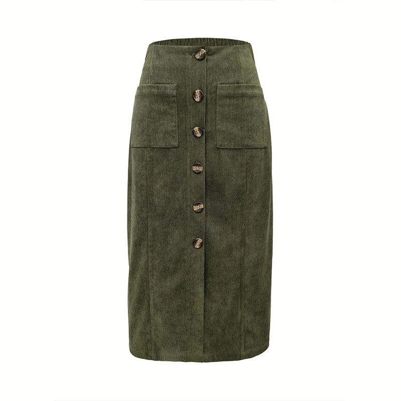 Vintage Green High Waist Midi Skirt Women Button Up Pocket A-Line Long Skirts Autumn Winter Ladies Casual Streetwear Jupe Femme