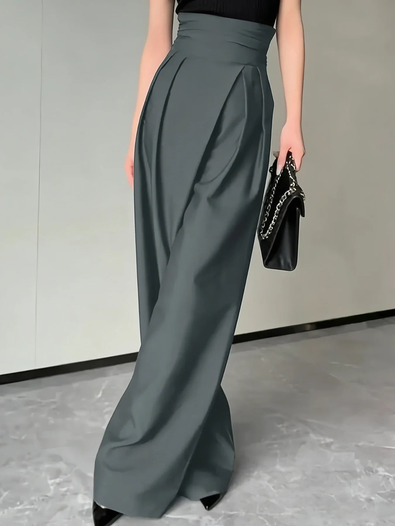 Chic Grey Wrap High Waist Wide Leg Pants - Pleated Draped Loose Fit Trousers, For Office Daily Casual Street Outfits