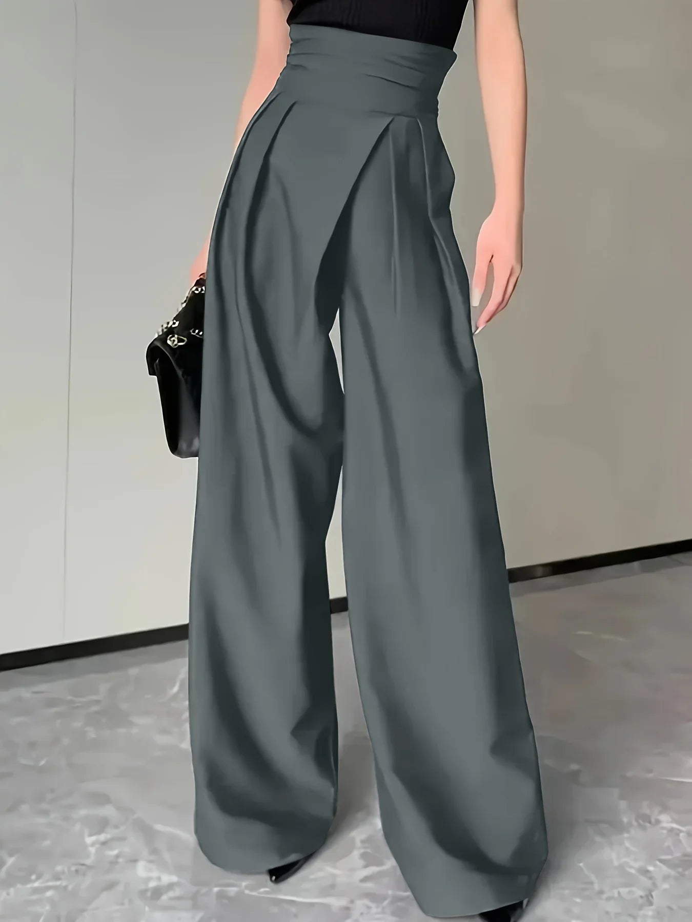 Chic Grey Wrap High Waist Wide Leg Pants - Pleated Draped Loose Fit Trousers, For Office Daily Casual Street Outfits