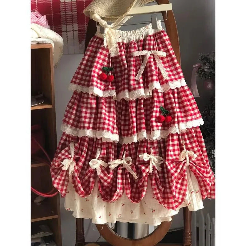 2026 New Sweet Lolita Plaid Layered Skirt Street Red White Gingham Cherry Bow Lace Ruffle Tiered High Waist A‑Line Midi Skirts