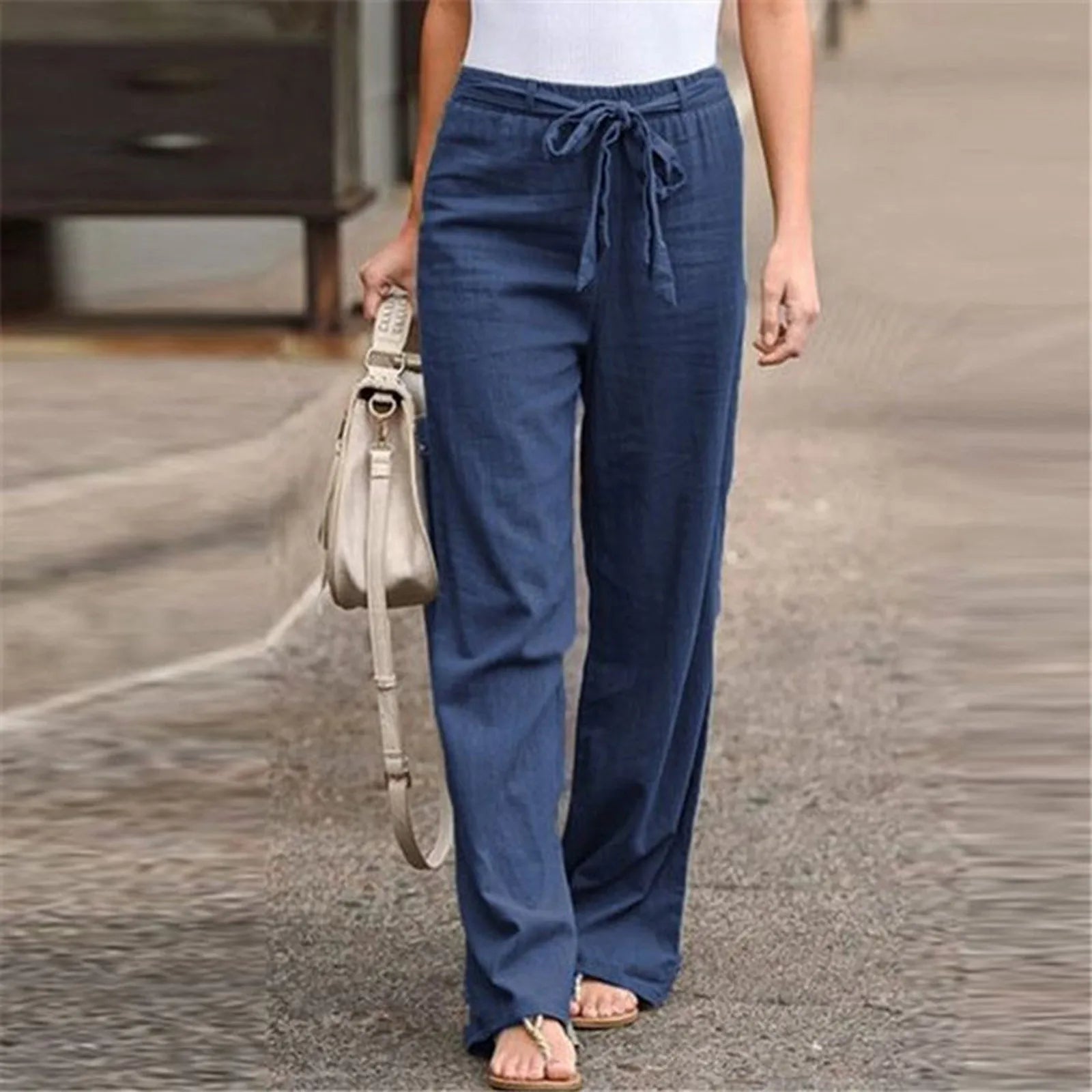 Loose Pants Hot Sal Drawstring Waist Trousers Bestseller Casual Wide Leg Bottoms New Arrival Solid Color Cotton Linen Wide T1