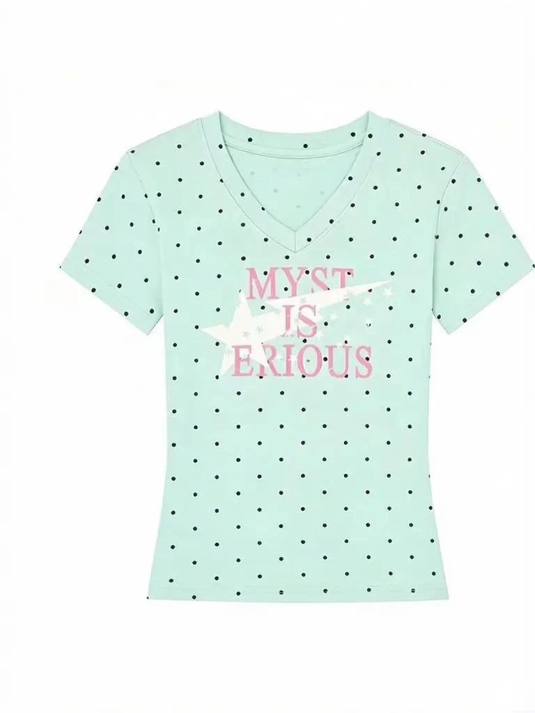Polka Dot Y2k T Shirts Women Kawaii Sweet Girl Short Sleeve Tee Vintage Slim Fit V Neck Summer Top