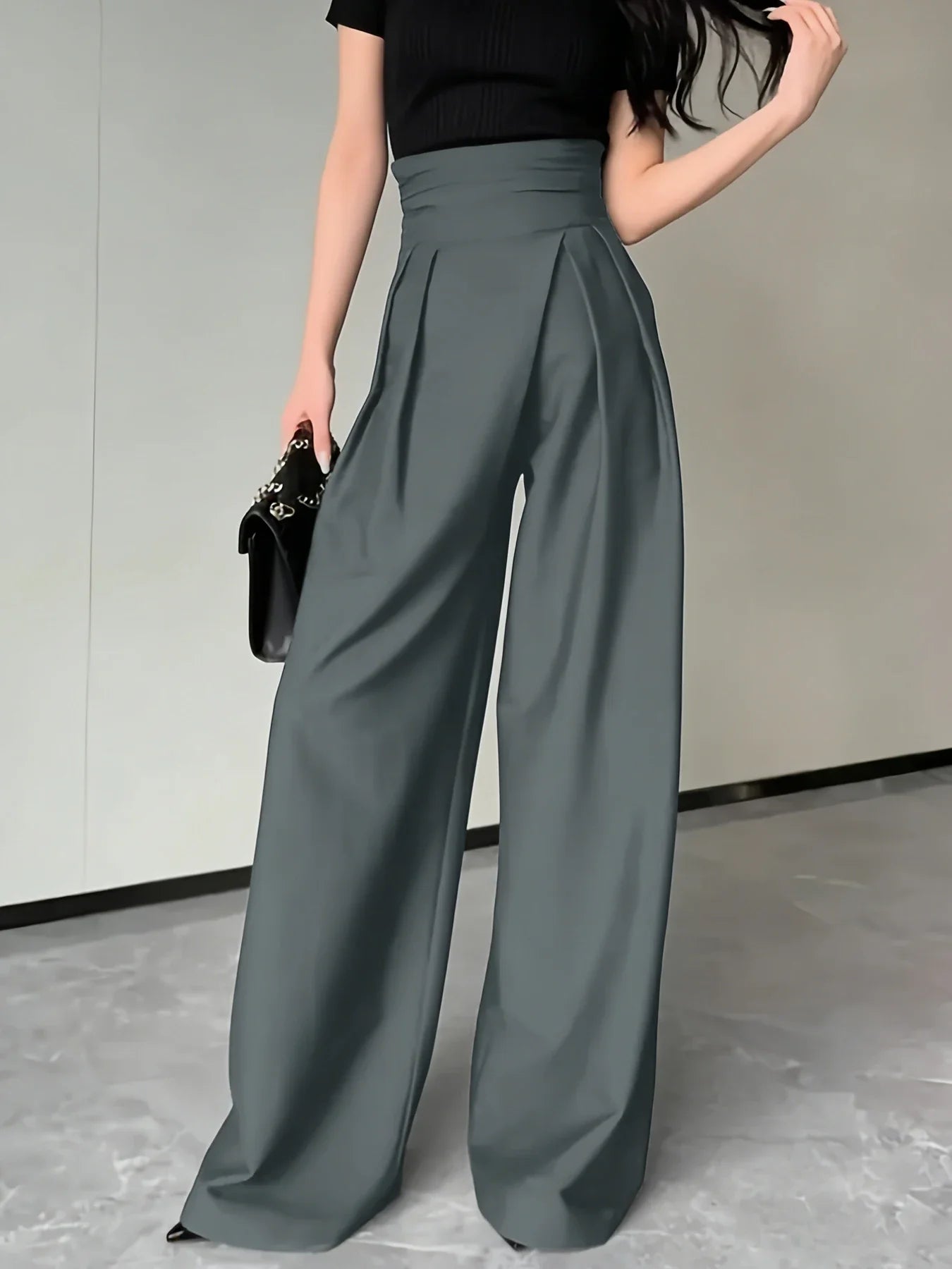 Chic Grey Wrap High Waist Wide Leg Pants - Pleated Draped Loose Fit Trousers, For Office Daily Casual Street Outfits