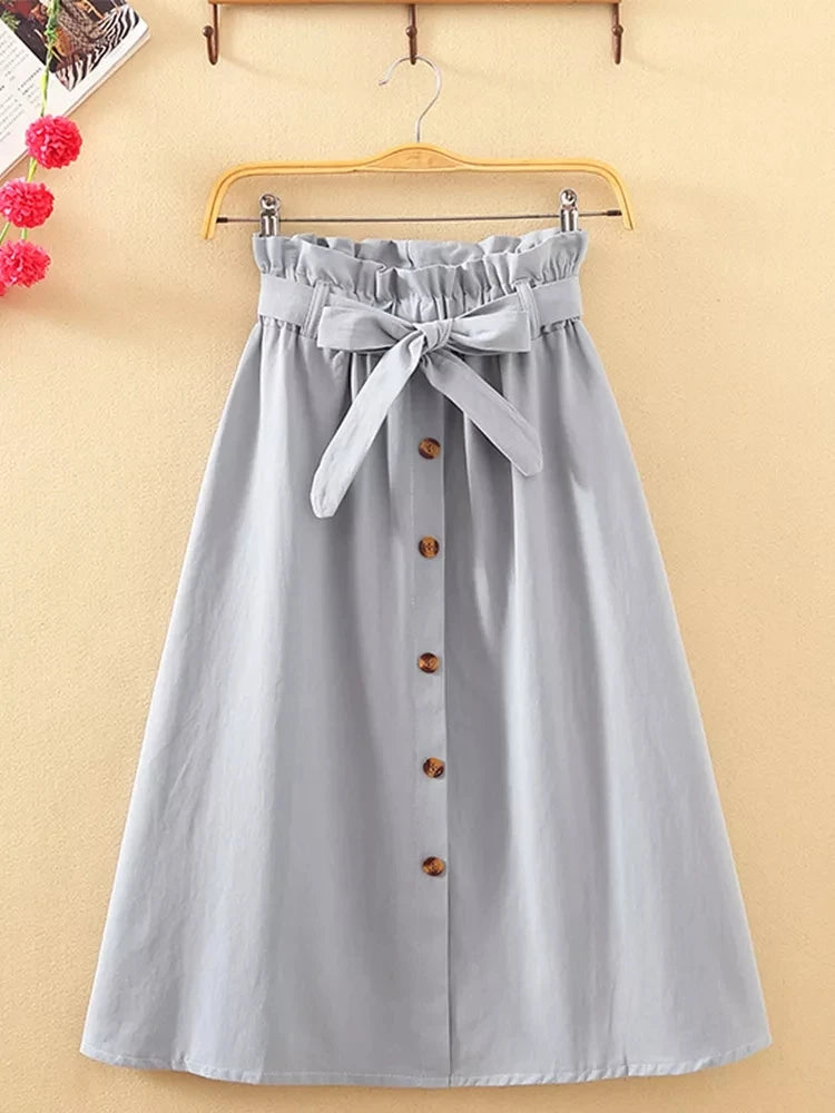 Summer Autumn Skirts Womens Midi Knee Length Korean Elegant Button High Waist Skirt Female Pleated School Skirt