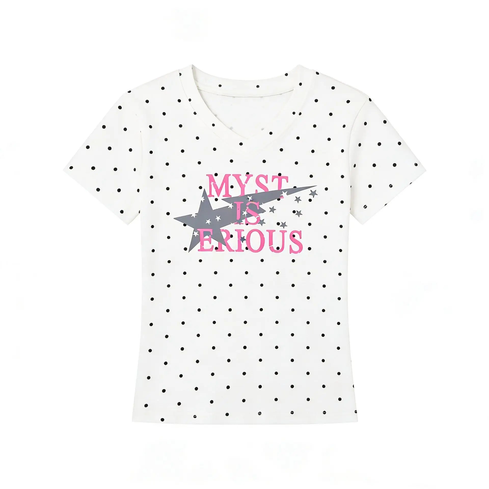 Polka Dot Y2k T Shirts Women Kawaii Sweet Girl Short Sleeve Tee Vintage Slim Fit V Neck Summer Top