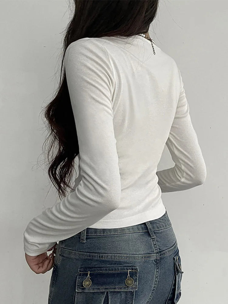Bandage Folds Square Collar Crop Top Women Fairycore Y2K White T Shirts Basic Knitted Elegant Tees Vintage 2000s Clothing