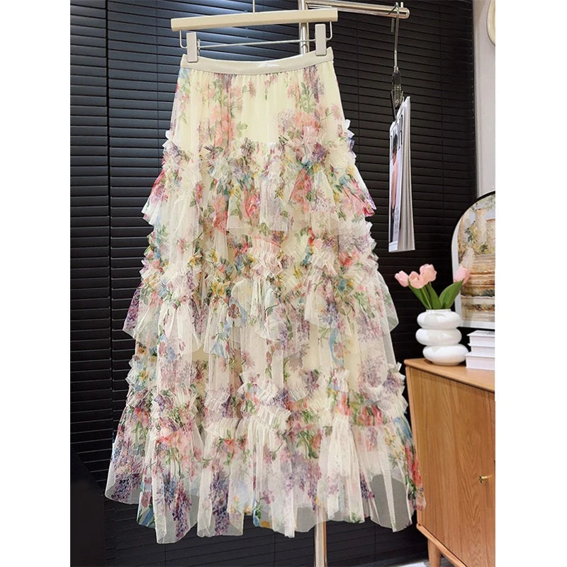 MEXZT Vintage Tulle Midi Skirt Women Elegant Floral Ruffles Pleated Skirts Summer Ladies Korean Print Mesh Design Casual Faldas