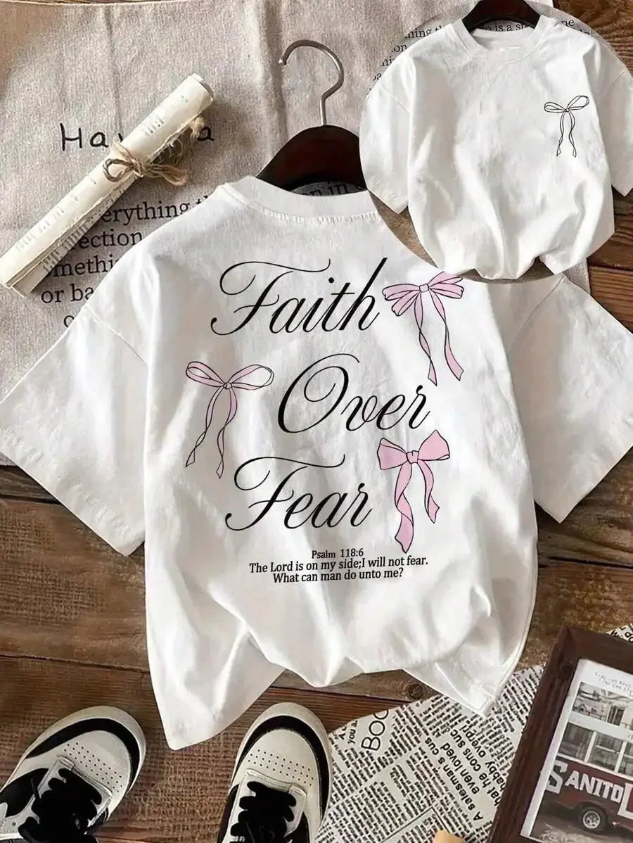 Pink Bow Faith Over Fear Printed Women Tee Shirts All-Match T-Shirt Casual O-Neck Clothes Hip Hop Y2K Short Sleeve