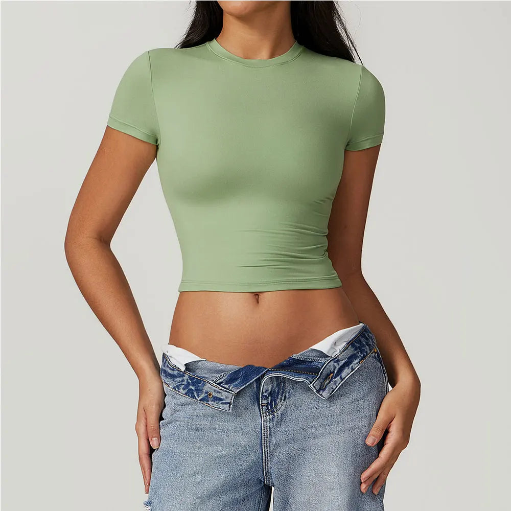 Women Yoga Shirts Sexy Exposing The Navel Short Sleeve Crop Top Gym Tops Fitness Running Workout Sport T-Shirts Sports Wear