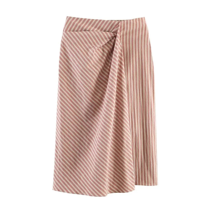 Summer Simple Striped Pleated Midi Skirt Women Side Zipper High Waist Long Skirts Female Casual Chic Wear 2026 New