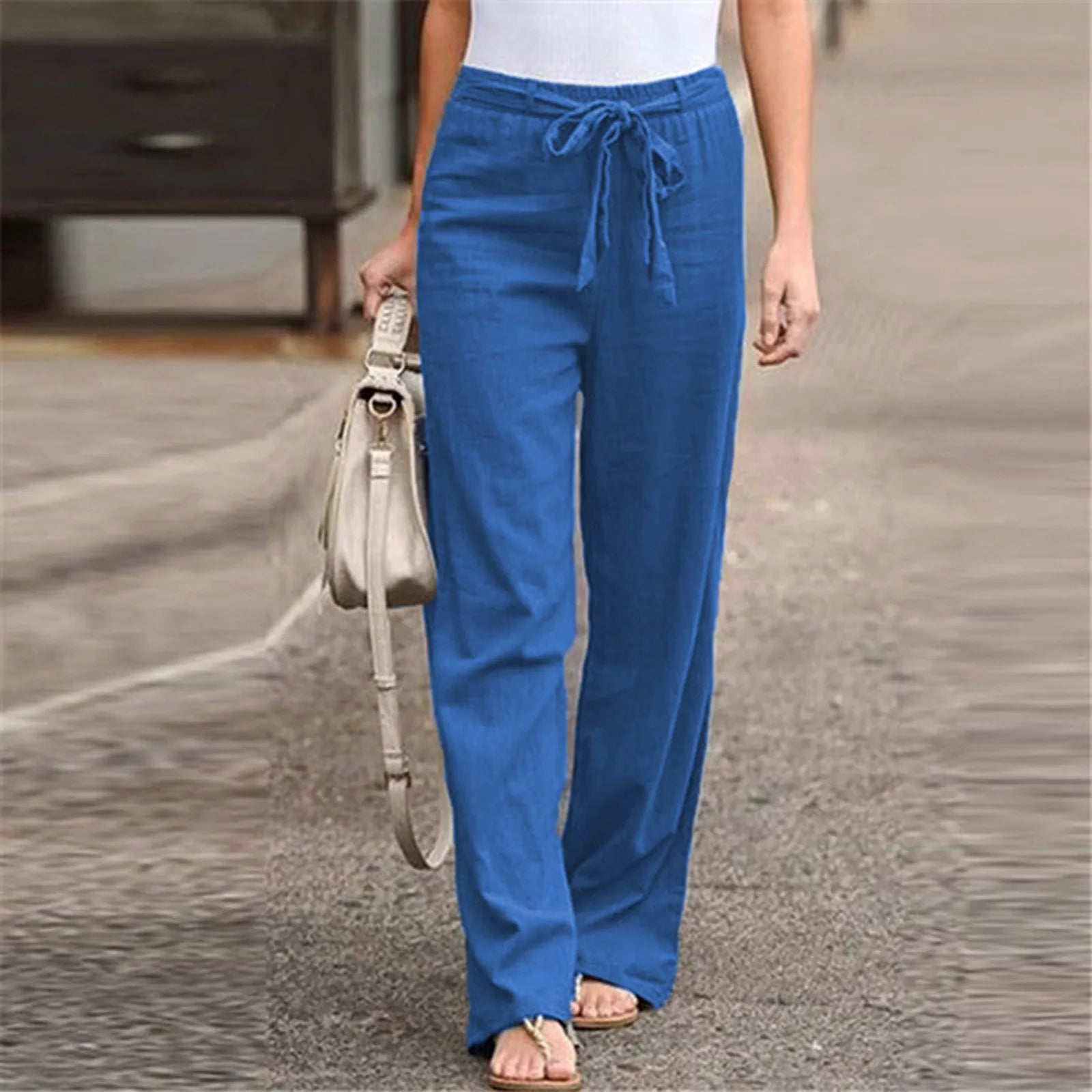 Loose Pants Hot Sal Drawstring Waist Trousers Bestseller Casual Wide Leg Bottoms New Arrival Solid Color Cotton Linen Wide T1