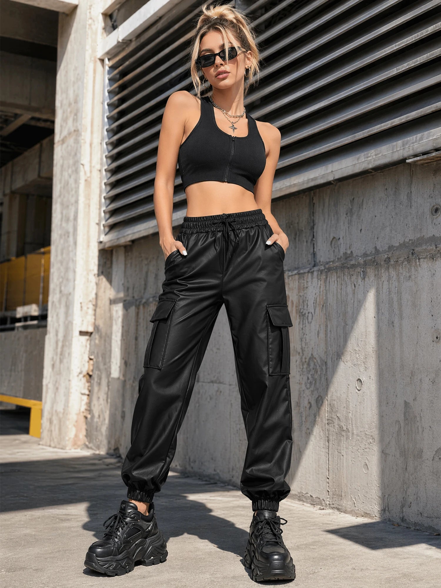 Women's  Pu Leather Cargo Joggers Pants Dressy Casual Silky Elastic High Waist Trousers