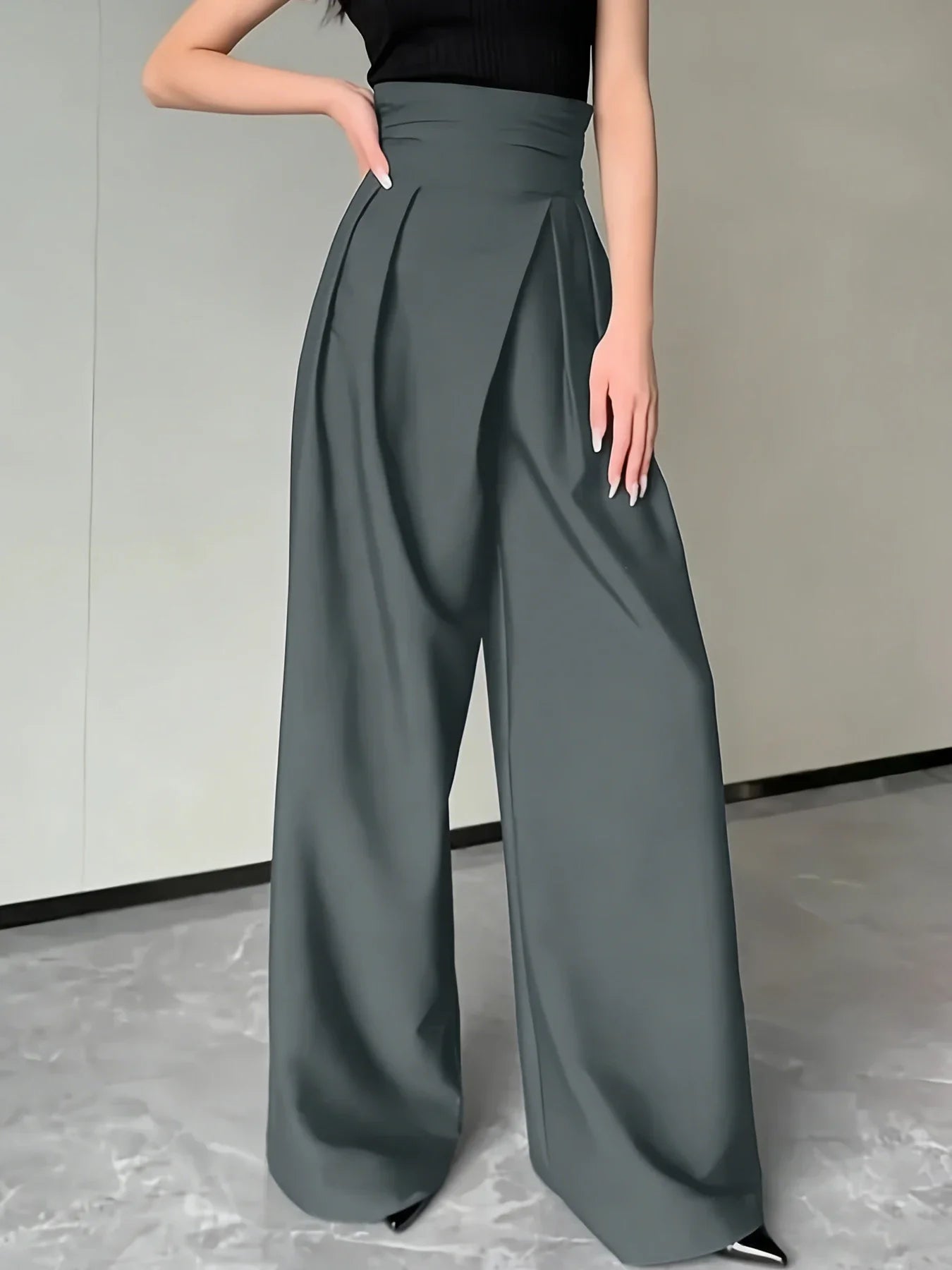 Chic Grey Wrap High Waist Wide Leg Pants - Pleated Draped Loose Fit Trousers, For Office Daily Casual Street Outfits