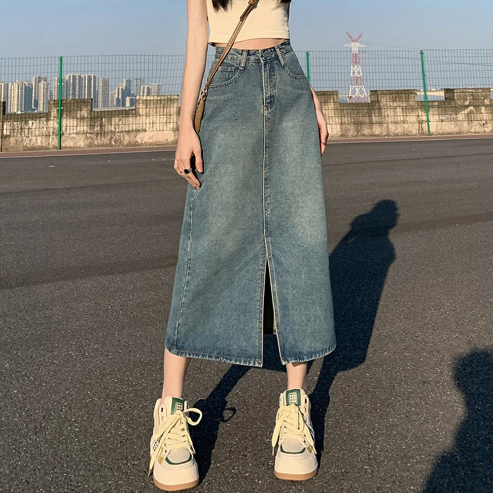 Summer Women High-waist Retro A- line Skirt Pockets Front Slit Washed Blue Denim Skirts Hip-covering Straight Long Jeans Skirt