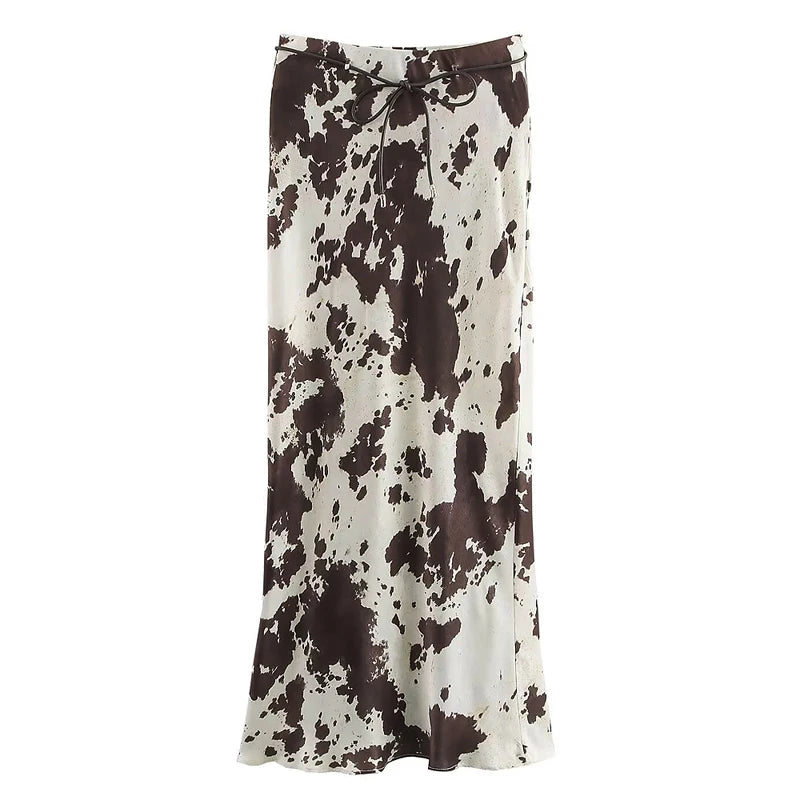 Animal Print Satin Skirt Women Fashion Ruffles Midi Skirts With Belt Casual Women's Skirt 2025 High Street Elegant Long Skirts