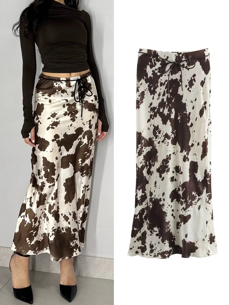 Animal Print Satin Skirt Women Fashion Ruffles Midi Skirts With...