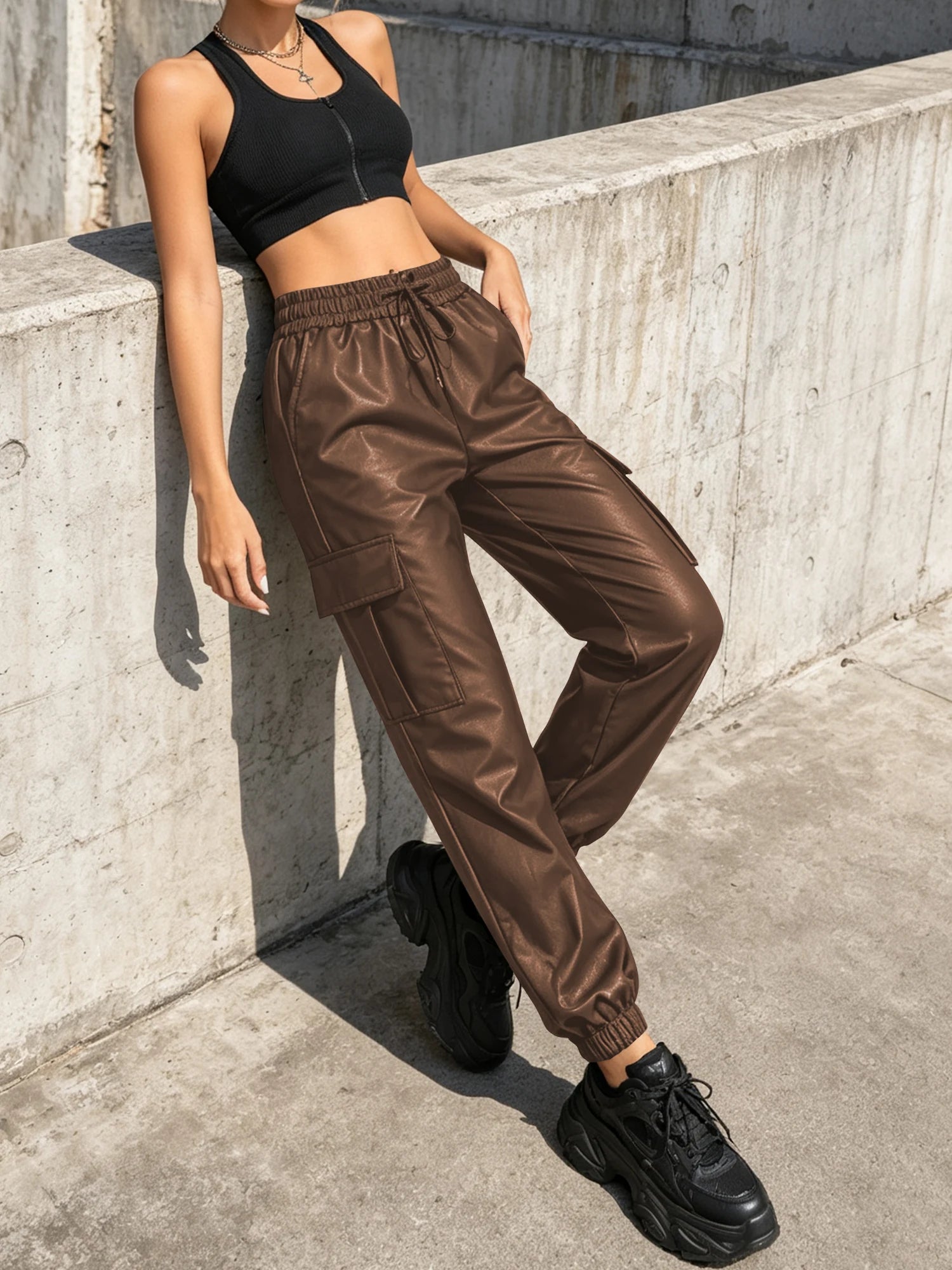 Women's  Pu Leather Cargo Joggers Pants Dressy Casual Silky Elastic High Waist Trousers