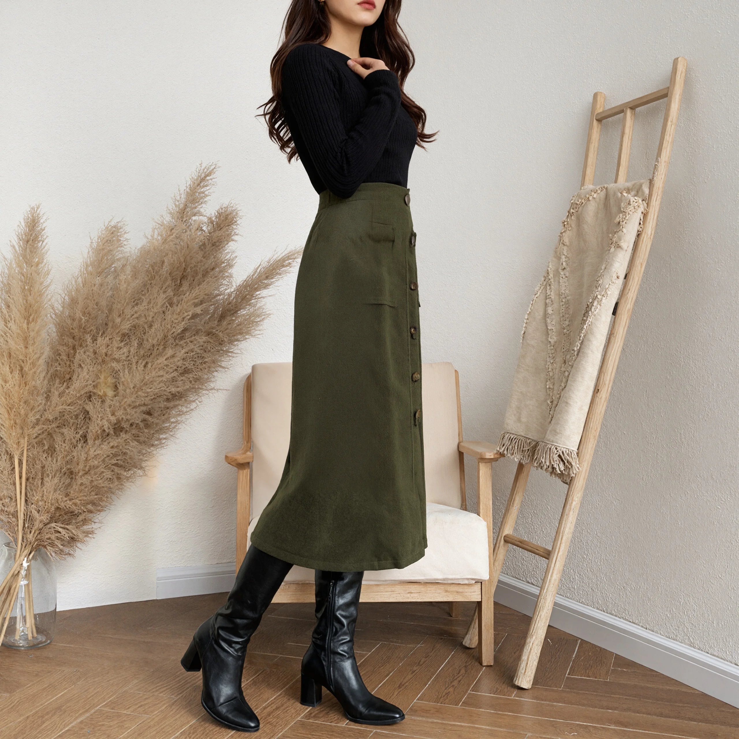Vintage Green High Waist Midi Skirt Women Button Up Pocket A-Line Long Skirts Autumn Winter Ladies Casual Streetwear Jupe Femme