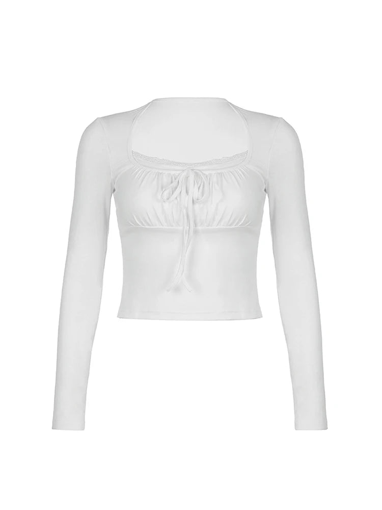 Bandage Folds Square Collar Crop Top Women Fairycore Y2K White T Shirts Basic Knitted Elegant Tees Vintage 2000s Clothing