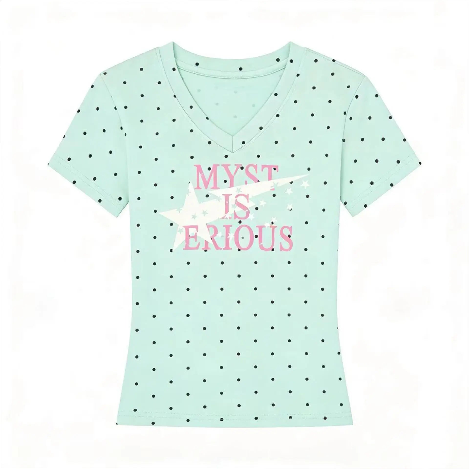 Polka Dot Y2k T Shirts Women Kawaii Sweet Girl Short Sleeve Tee Vintage Slim Fit V Neck Summer Top
