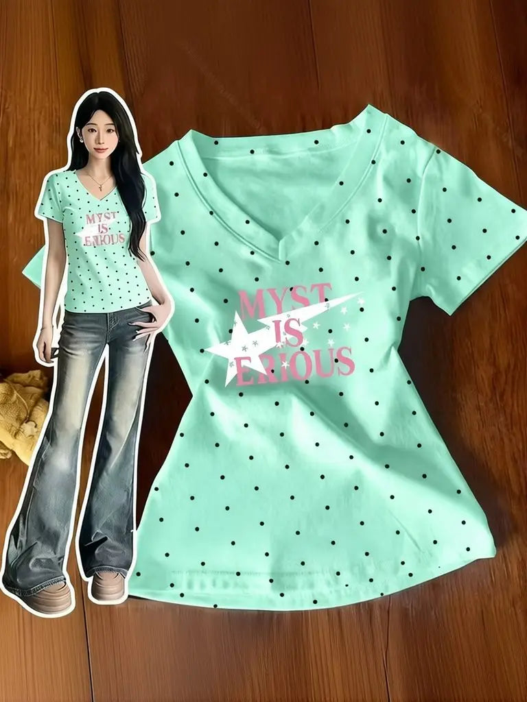 Polka Dot Y2k T Shirts Women Kawaii Sweet Girl Short Sleeve Tee Vintage Slim Fit V Neck Summer Top