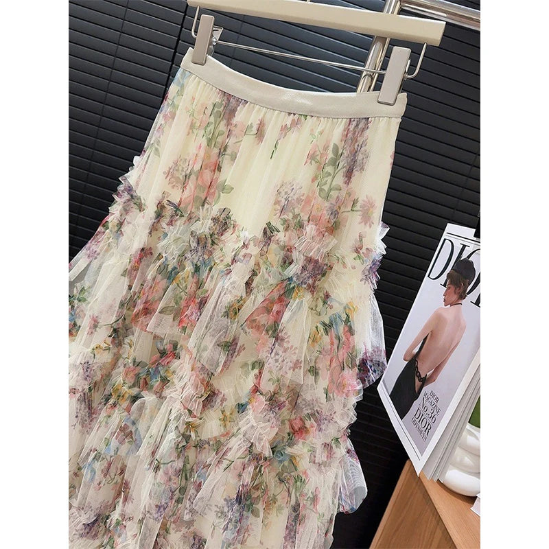 MEXZT Vintage Tulle Midi Skirt Women Elegant Floral Ruffles Pleated Skirts Summer Ladies Korean Print Mesh Design Casual Faldas