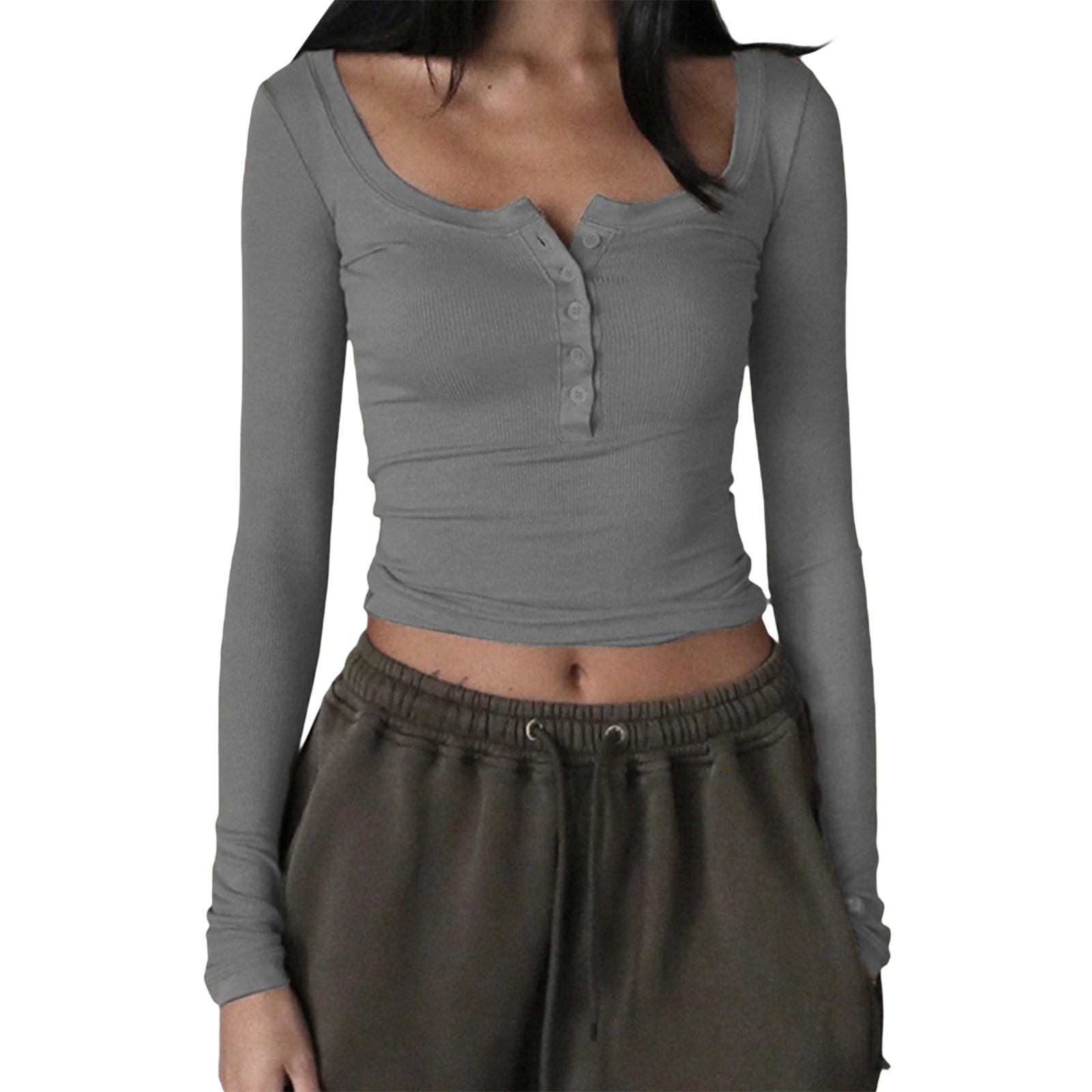 New Fashion Women Knitted Henley Shirt Casual Solid Color Retro 1/2 Button Long Sleeve Crop Tops Streetwear Clubwear
