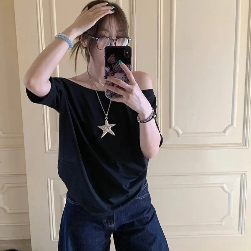 T-shirts Women Niche Design Off Shoulder Solid Short Sleeve Summer Chic Loose Casual Daily Simple Sexy Korean Trendy Street Tops